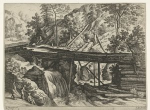 Bergslandskap med träakvedukt Italienska landskap (serietitel) av Willem van Nieulandt (II)