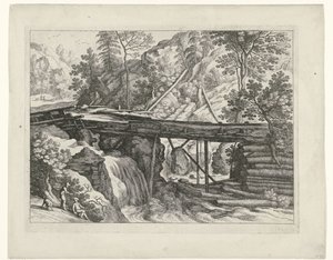 Bergslandskap med träakvedukt Italienska landskap (serietitel) av Willem van Nieulandt (II)