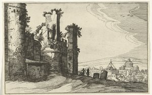 Utsikt över Rom från Monte Pincio Romerska ruiner och kustlandskap (serie 1) (serietitel) av Willem van Nieulandt (II)