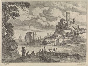 Utsikt över hamnen med fartyg av Willem van Nieulandt (II)