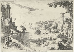 Landskap med Emmausresenärerna Christ castellum Emaus petit (titel på objekt) Italienska landskap med bibliska scener (serietitel) av Willem van Nieulandt (II)
