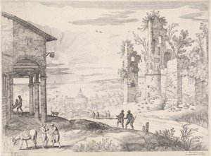 Landskap med den barmhärtige samariten på värdshuset Italienska landskap (serietitel) av Willem van Nieulandt (II)