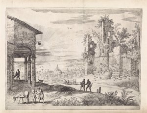 Landskap med den barmhärtige samariten på värdshuset Italienska landskap (serietitel) av Willem van Nieulandt (II)
