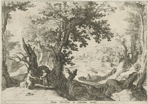 Landskap med Kristi frestelse Satan Christum in solitudine tentat (titel på objekt) Italienska landskap med bibliska scener (serietitel) av Willem van Nieulandt (II)