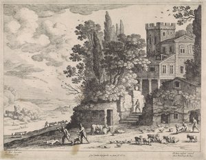 Landskap med hus, figurer och boskap