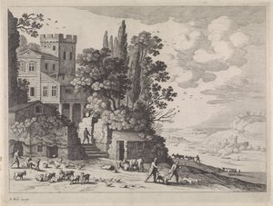Landskap med hus, figurer och boskap av Willem van Nieulandt (II)
