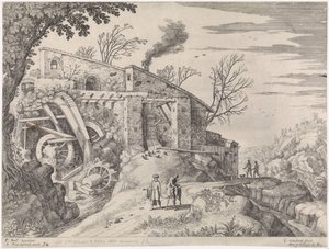 Landskap med en vattenkvarn och den barmhärtige samariten Italienska landskap (serietitel) av Willem van Nieulandt (II)