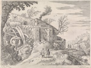 Landskap med en vattenkvarn och den barmhärtige samariten Italienska landskap (serietitel) av Willem van Nieulandt (II)
