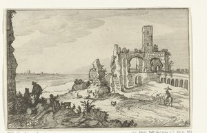 Ruin med valv och ett torn på vattnet Romerska ruiner och kustlandskap (serie 1) (serietitel) av Willem van Nieulandt (II)
