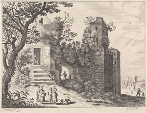 Ruin med en grupp kvinnor och barn Italienska landskap (serietitel)