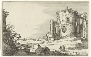 Ruinerna av ett tempel omgivet av kolumner Romerska ruiner och kustlandskap (serie 1) (serietitel) av Willem van Nieulandt (II)