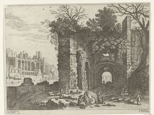 Vilande familj framför en ruin Italienska landskap (serietitel) av Willem van Nieulandt (II)