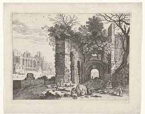 Vilande familj framför en ruin Italienska landskap (serietitel) av Willem van Nieulandt (II)