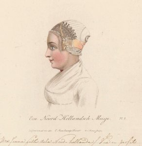 Huvudbonad av en flicka från Nordholland, 1816 A North Holland Girl / Une Jeune fille de la Nord-Holland / Vue en profil (titel på objekt)