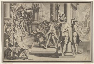 Allegory of Justice Sanctity of the Law med en domstolsscen som skildrar en man som benådas..., 1605. av Willem van Swanenburg