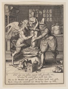 En man och djävulen fyller en säck med pengar och sätter upp en staty av hopp, från Allegory of the Misuse of Worldly Property