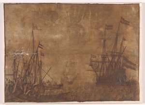 Fartyg vid ett hamnhuvud av Willem van de Velde (I)