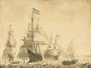 Havslandskap med de holländska krigsmännen inklusive Drenthe och prins Frederick-Henry av Willem van de Velde (I)