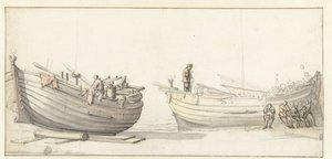 Studie av två fiskebåtar med figurer av Willem van de Velde (II) (attributed to)