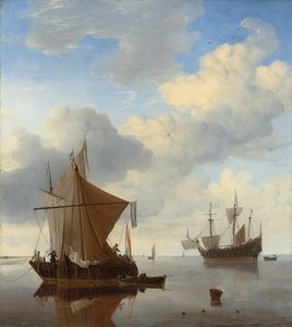 Ett lugn - ett smalschip och en kaag för ankar med ett engelskt man-o"-krig bortom