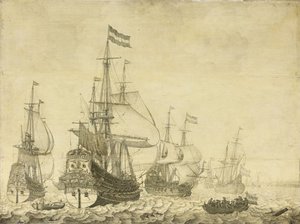 Havslandskap med holländska krigsmän inklusive Drenthe och prins Frederick-Henry, ca 1670 (målning på panel) av Willem van de Velde
