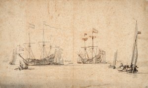 En kaag som springer fritt och två holländska flaggskepp för ankar, ca 1665 (penna, brunt bläck, grå lav)