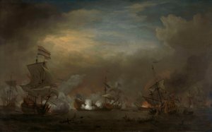 Nattlig havsstrid mellan Cornelis Tromp på Gouden Leeuw och Sir Edward Spragge på Royal Prince av Willem van de Velde the Younger