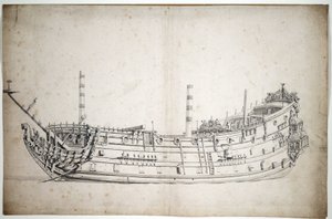 Porträtt av fartyget "Triumph" (eller "Saint George"), 70 kanoner, byggt 1623, med en huvudfigur föreställande Neptunus och två sjöhästar, med tre kompletta däck