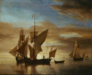 Skeppar på lugna hav i kvällsljuset av Willem van de Velde the Younger