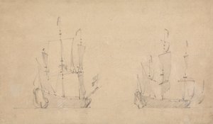 Styrbord kvartsvy av ett flaggskepp i ljus luft och liknande vy av ett annat av Willem van de Velde the Younger