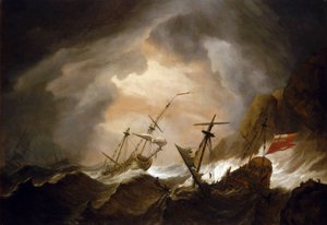 Två brittiska fartyg förliser i stormen nära en klippig kust. Olja på duk, omkring 1700, av Willem van de Velde (1633-1707).