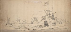 En holländsk flotta som ligger i en bris: ett krigsråd, ca 1665 (grafit, grå lav)