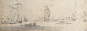 En galliot i lätta vindar och flera pråmar, ca 1681 (grafit, grå lav) av Willem van de the Elder Velde