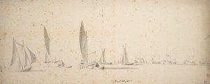 En dragbåt, wijdschips och waterschips i en lätt bris, ca 1664 (grafit, grå lav) av Willem van de the Elder Velde