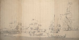 En weyschuit dras iland i en trång hamn, ca 1672 (grafit) av Willem van de the Elder Velde