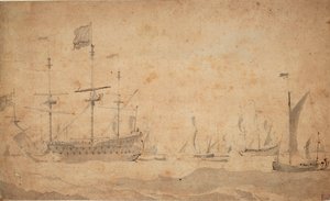 Ett engelskt flaggskepp för ankar, möjligen i juni 1673, ca 1673 (grå lavering) av Willem van de the Elder Velde