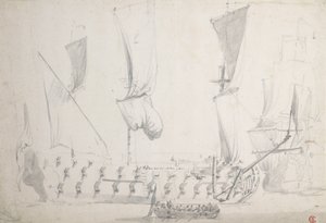 En engelsk fjärdeklassare i lätta vindar, ca 1681 (grafit, grå lav) av Willem van de the Elder Velde