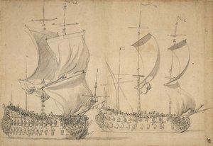 En engelsk tredje- och fjärdeklassare under lätt segel, ca 1677 (blyerts, lavering)