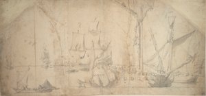 En engelsk yacht för ankar med inrullat segel av Willem van de the Elder Velde