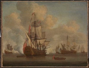 Calm: en engelsk tvådäckare med lossade segel som avfyrar en salut av Willem van de the Elder Velde