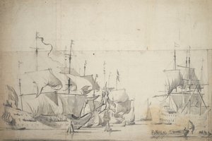 Holländska stridsfartyg torkar segel, ca 1658 (grafit, grå tvätt) av Willem van de the Elder Velde