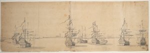 Holländska fartyg för ankar utanför en låg strand, ca 1658 (grafit, grå lav) av Willem van de the Elder Velde