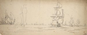 Holländska fartyg på väg ner mot huvudflottan, maj 1672, ca 1672 (grafit, grå lav) av Willem van de the Elder Velde