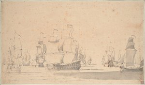 Engelska fartyg, en ketch och en galliot i en lätt bris, juni 1673, ca 1673 (blyerts, lavering, penna, brunt bläck) av Willem van de the Elder Velde