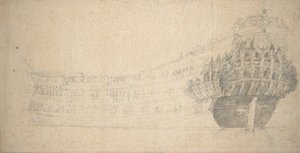 Porträtt av en fransk tvådäckare. Byggd i Holland 1666-67, ca 1667 (grafit) av Willem van de the Elder Velde