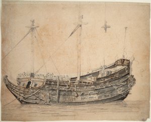 Porträtt av "Vrijheid", 50-kanoners fartyg från Amsterdams amiralitet, byggt 1651 och sprängt i luften 1676, ca 1653 (grafit, grå lav, brun penna, bläck)