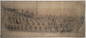Porträtt av fartyget "London", byggt 1670, ett förstklassigt fartyg med 96 kanoner. Teckning och temperering omkring 1676, av Willem van de Velde l