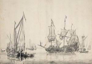 Segelbåtar och en holländsk fregatt som torkar sina segel. Teckning och lavering (26x37 cm), av William van de Velde l