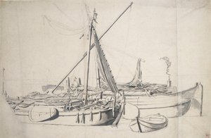 Studie av en damlooper och en smalschip liggande bredvid varandra, ca 1665 (grafit, grå tvätt) av Willem van de the Elder Velde