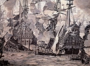 Slaget vid Öresund mellan den holländska och den svenska flottan, 8 november 1658. Detalj - Olje- och bläckmålning